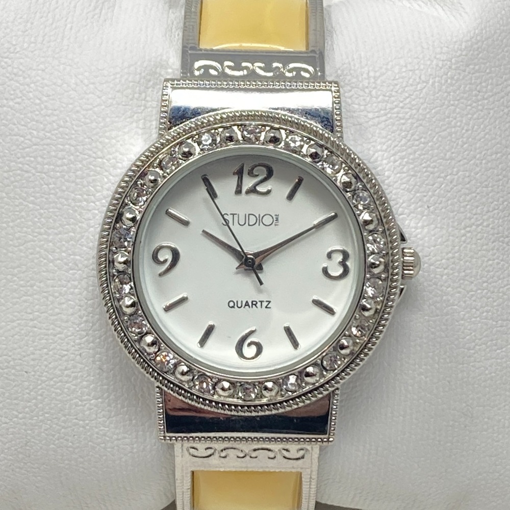Studio Time Watch Women 32mm Silver Tone Yellow MOP Inlay Cuff Bling New Battery